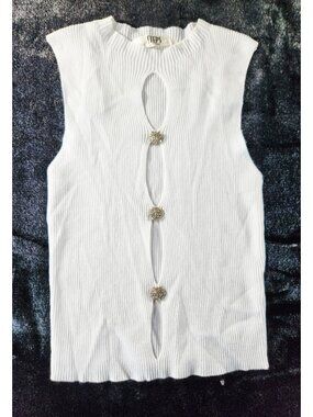 Steps NY Ribbed Sleeveless Silver Glitter Button Top - White - SZ M